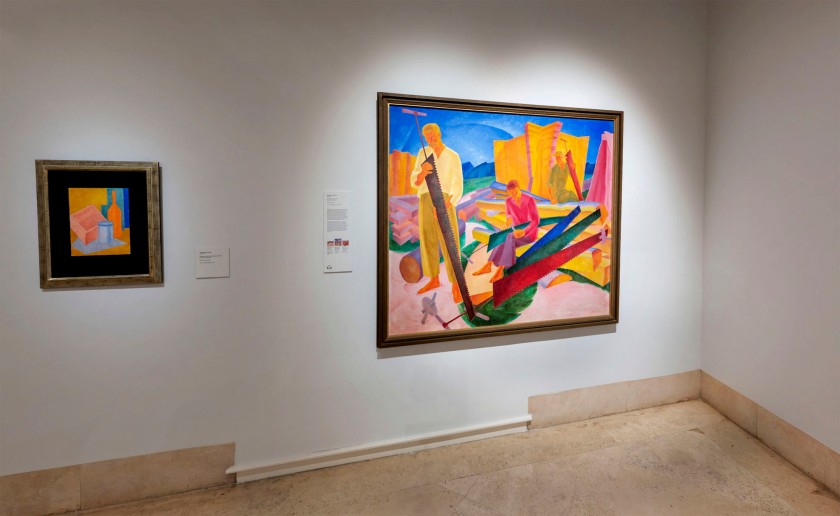 Installation view of the exhibition 'In the Eye of the Storm: Modernism in Ukraine, 1900-1930s' at the Thyssen-Bornemisza Museum, Madrid showing at right, Oleksandr Bohomazov's 'Sharpening the Saws' (1927)