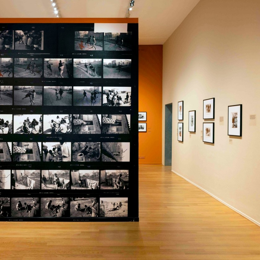 Installation view of the exhibition 'Ernest Cole: House of Bondage' at Foam, Amsterdam showing photographs and contact sheets from Cole's series 'Black Spots' from Cole's 'House of Bondage'