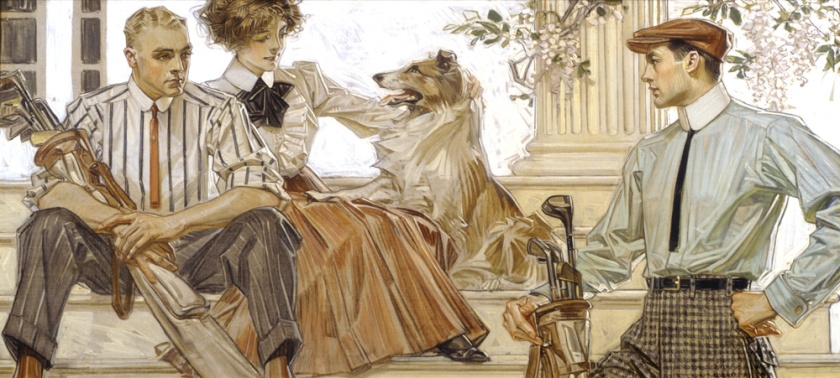J.C. Leyendecker (American, 1874-1951) 'Men and Woman, Arrow Shirts with Golf Clubs and Collie' 1910