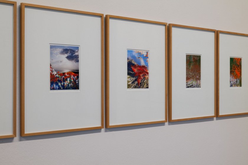 Installation view of the exhibition 'Gerhard Richter. Overpainted Photographs' at Albertinum at the Staatliche Kunstsammlungen Dresden showing at left, '28. April 2015'; at second left, '29. April 2015'; and at right, '14.7.15 (3)'
