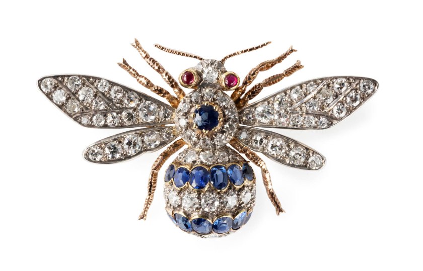 Unknown maker (English) 'Diamond brooch in the form of a bee with sapphires on his head and in stripes across his body and with ruby eyes' 1860-1870