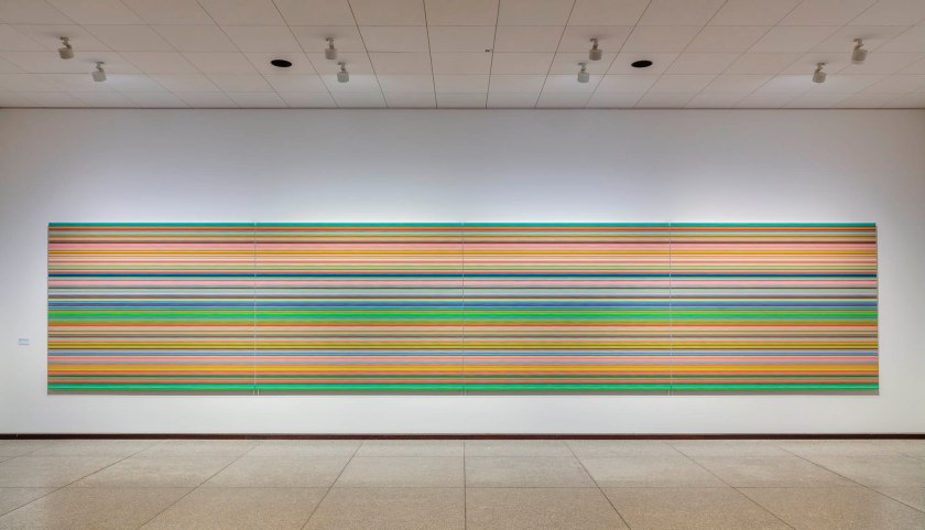 Installation view of the exhibition 'Gerhard Richter. 100 Works for Berlin', State Museums in Berlin, Neue Nationalgalerie, April 1, 2023 to 2026 showing Richter's work, 'Strip (930-3)' (2013/2016, below)