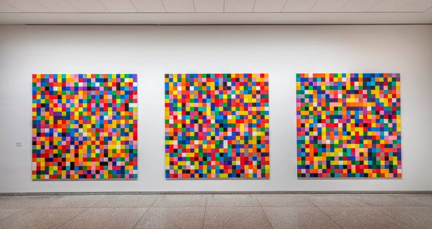 Installation view of the exhibition 'Gerhard Richter. 100 Works for Berlin', State Museums in Berlin, Neue Nationalgalerie, April 1, 2023 to 2026 showing Richter's work, '4900 colors' (2007, detail below)
