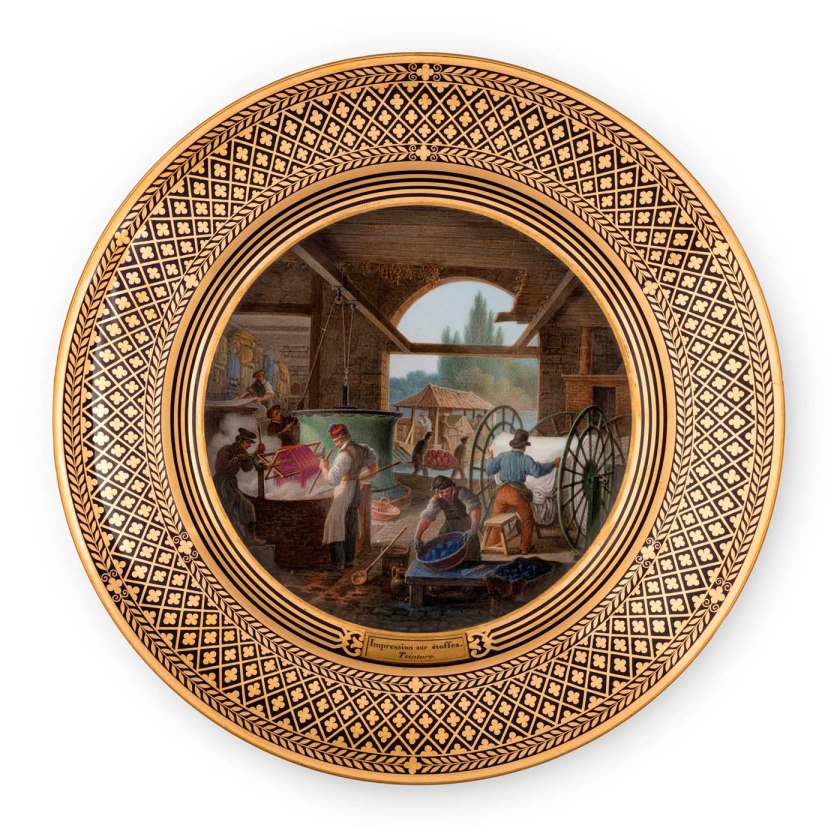 Jean-Charles Develly (French, 1783-1862)(painter) Sevres Royal Porcelain Manufactory (manufacturer, Sevres, Paris, France) 'Plate, 'Impression sur Etoffes: Teinture', from the 'Service des Arts Industriels' (Industrial Arts Service), with a scene illustrating textile dyeing workshop in the Manufacture Royale de Jouy' 1830