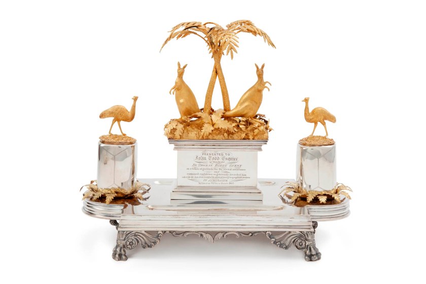 William Edwards (Australian born England, c. 1819 - c. 1889)(maker) Kilpatrick & Co (retailer est. 1853, Melbourne, Victoria, Australia) 'Inkstand with kangaroo and emu motifs, gold and silver, presented to John Todd by Thomas Bibby Guest' 1865