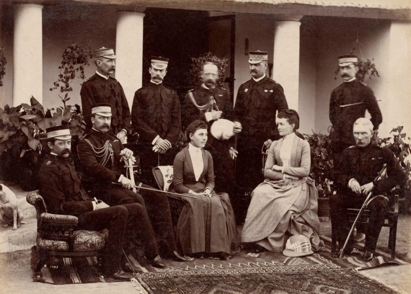 Raja Deen Dayal (Indian, 1844-1905) 'The Duke and Duchess of Connaught, with Col. Adam, Captain H.V. Benett, Col. Becher, Gen. Knowles, Captain Herbert, Col. Cavaye, Mrs. Cavaye, and Gen. R. Gellispie, Mhow' 1887