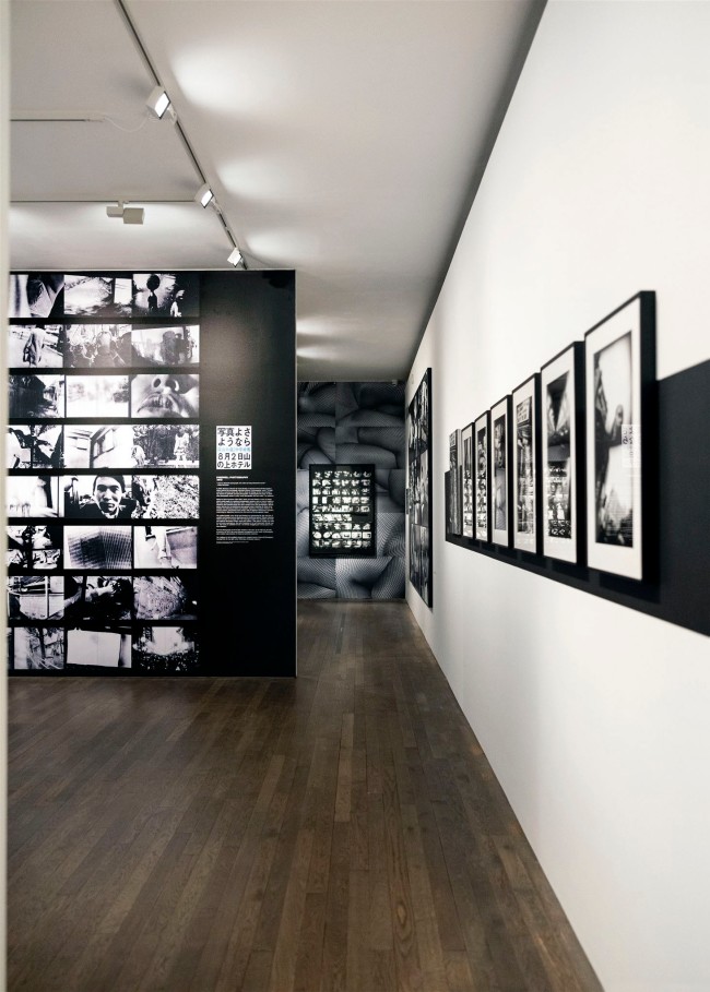Installation view of the exhibition 'Daido Moriyama: A Retrospective' at The Photographers' Gallery, London October 2023 - February 2024 showing at left work from 'Farewell Photography' (1972)
