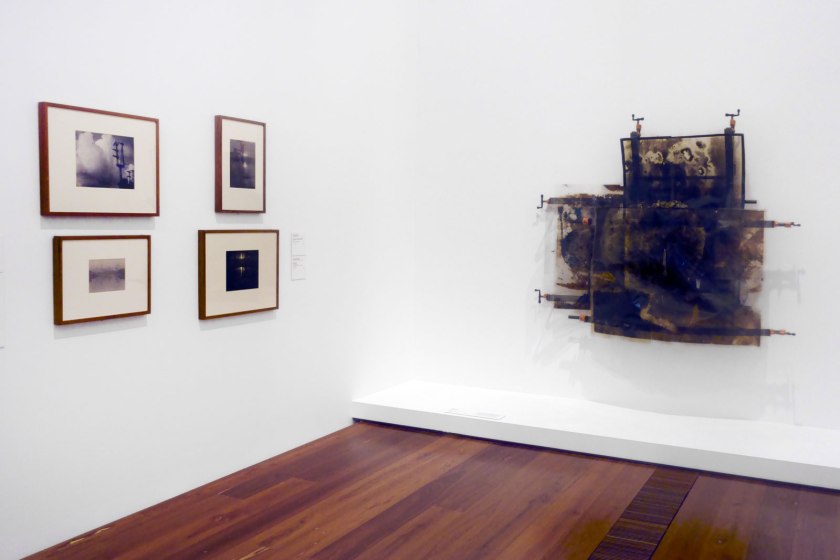 Installation view of the exhibition 'Photography: Real & Imagined' at The Ian Potter Centre: NGV Australia, Melbourne showing at right, Mike and Doug Starn's 'Invictus' (1992)