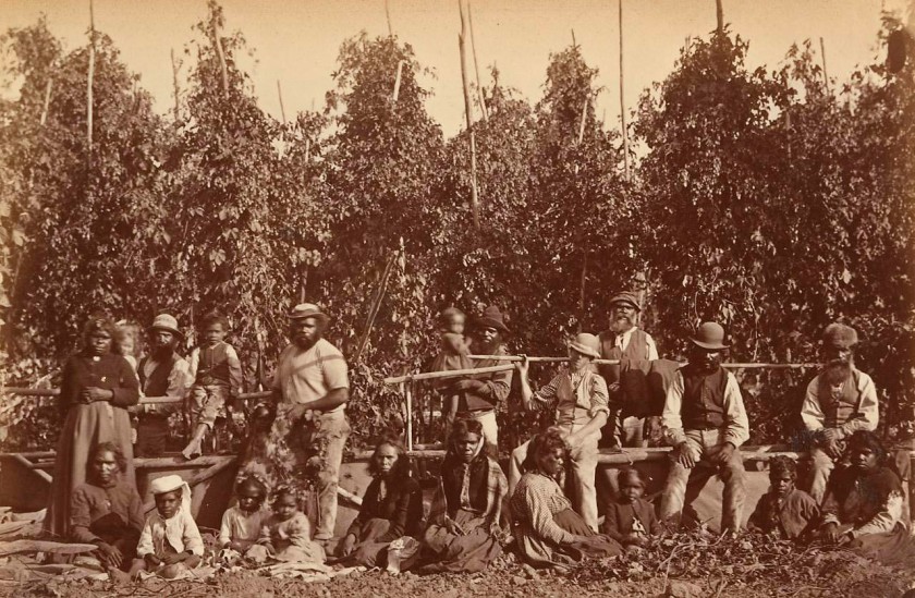 Fred Kruger (German 1831-1888, Australia 1860-1888) 'Group of Aborigines in hop gardens, Coranderrk' 1876