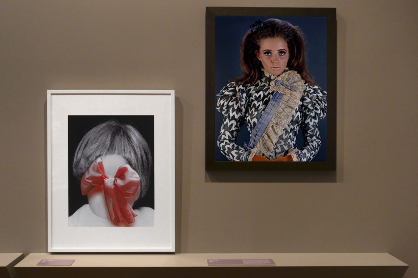 Installation view of the exhibition 'Photography: Real & Imagined' at The Ian Potter Centre: NGV Australia, Melbourne showing at left, Pat Brassington's 'Rosa' (2014); and at right, Yvonne Todd's 'Werta' (2005)