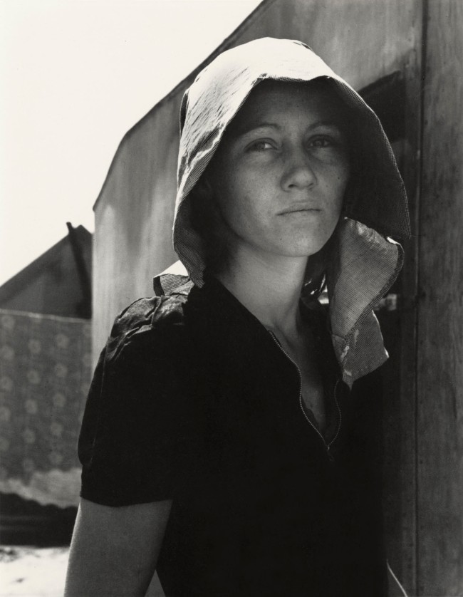 Dorothea Lange (American, 1895-1965) 'Edison, Kern County, California. Young migratory mother, originally from Texas. On the day before the photograph was made, she and her husband traveled 35 miles each way to pick peas. They worked 5 hours each and together earned $2.25. They have two young children... Live in auto camp' April 11, 1940, printed 1950s