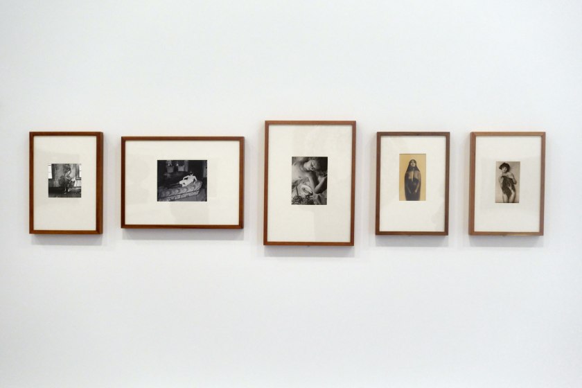 Installation view of the exhibition 'Photography: Real & Imagined' at The Ian Potter Centre: NGV Australia, Melbourne showing from left to right, Francesca Woodman's 'Space², Providence, Rhode Island, 1976' (1976); E. J. Bellocq's 'Woman reclining with mask' (c. 1912); Florence Henri's 'Nude composition' (c. 1930); an anonymous American photographer's image 'Kaloma' (1914); and Germaine Krull's 'Daretha (Dorothea) Albu' (c. 1925)