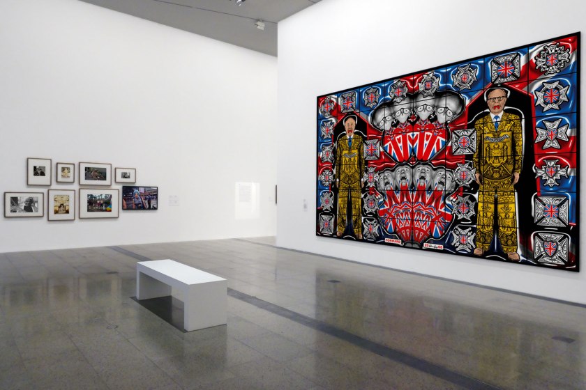 Installation view of the exhibition 'Photography: Real & Imagined' at The Ian Potter Centre: NGV Australia, Melbourne showing at right Gilbert & George's 'FORWARD' (2008)